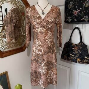 VTG Y2K PS Perseption Brown & Orange Floral Paisley Mid Mesh Sleeve Mini Dress